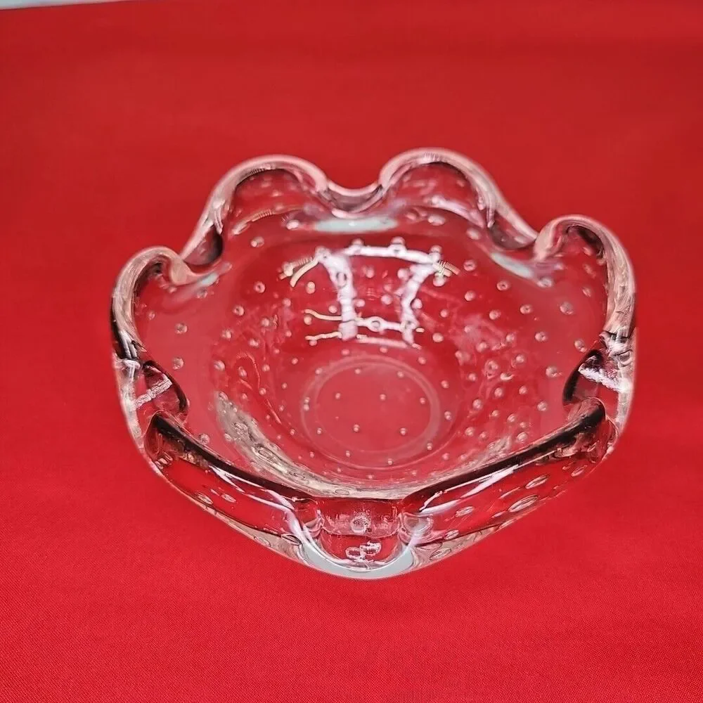 Murano Bubble Ashtray Trinket Bowl VTG Scalloped Bullicante Amethyst Violet Art